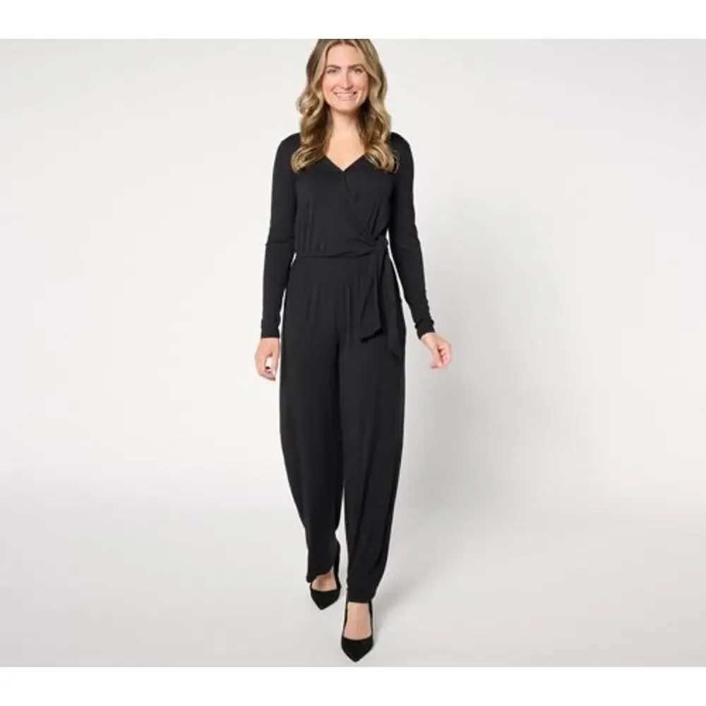 Attitudes by Renee Knit Wrap Jumpsuit Womens Small Black Tie Waist Stretch NWOT